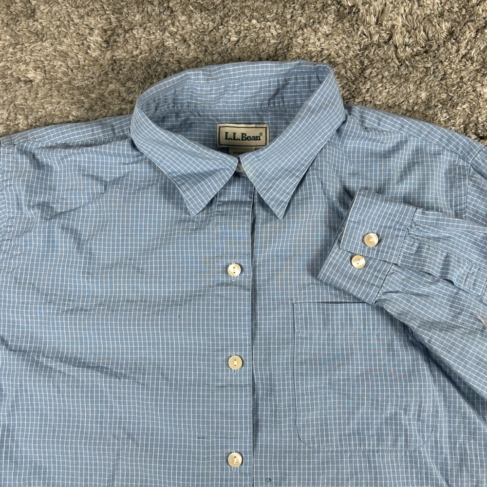 LL Bean Button Shirt Womens L Blue Grid Print Long Sleeve‎ Cotton Classic Preppy